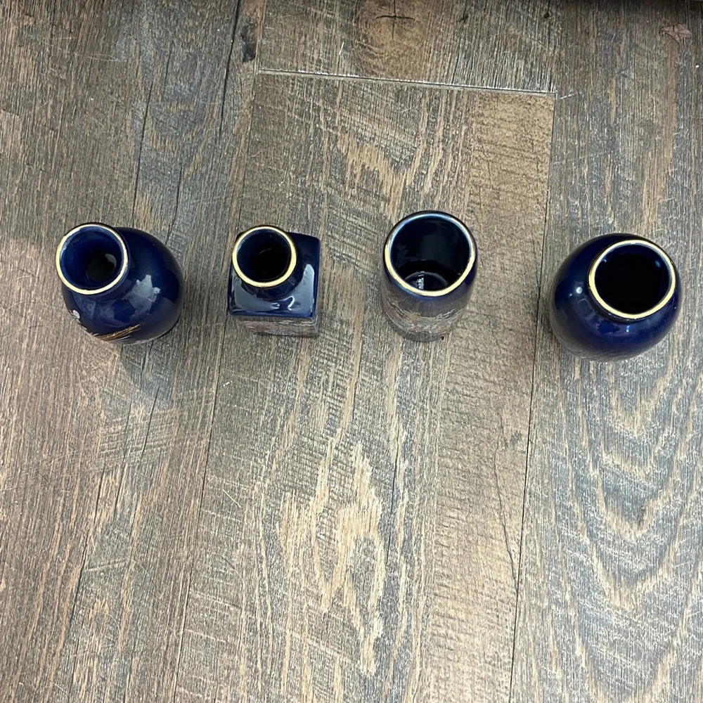 Mini Ceramic Bud‎ Vases Vintage Japanese Kutani Style Cobalt Blue Lot of 4pcs
